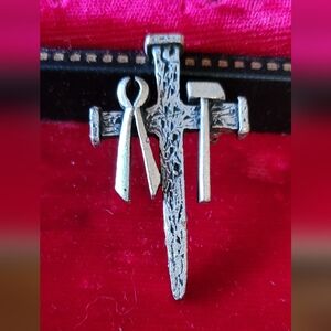 Vtg Rustic Nail Cross Pin With Symbolic Tools Of The Passion.